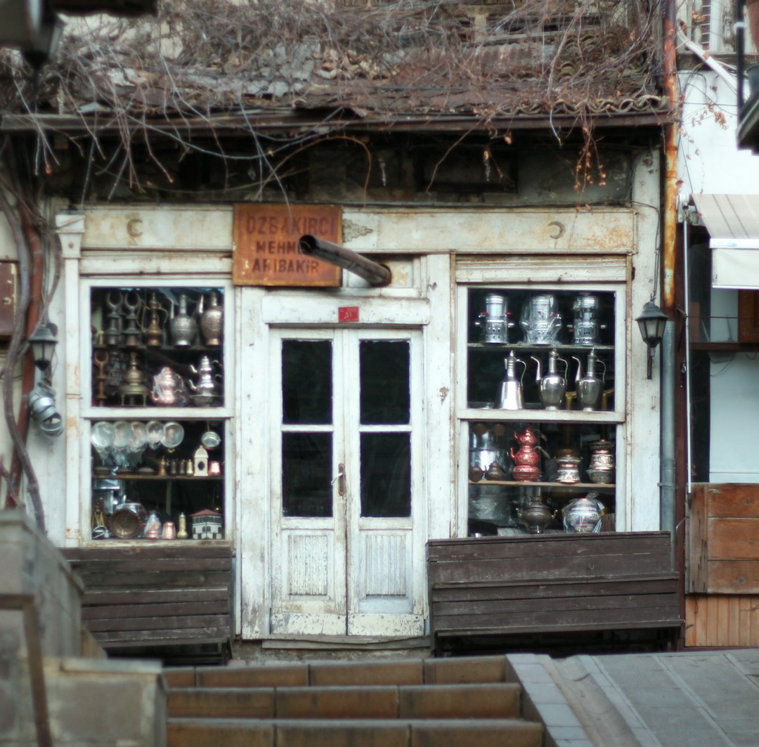 service dogs in salons — A storefront with metal teapots and kitchenware displayed in two windows